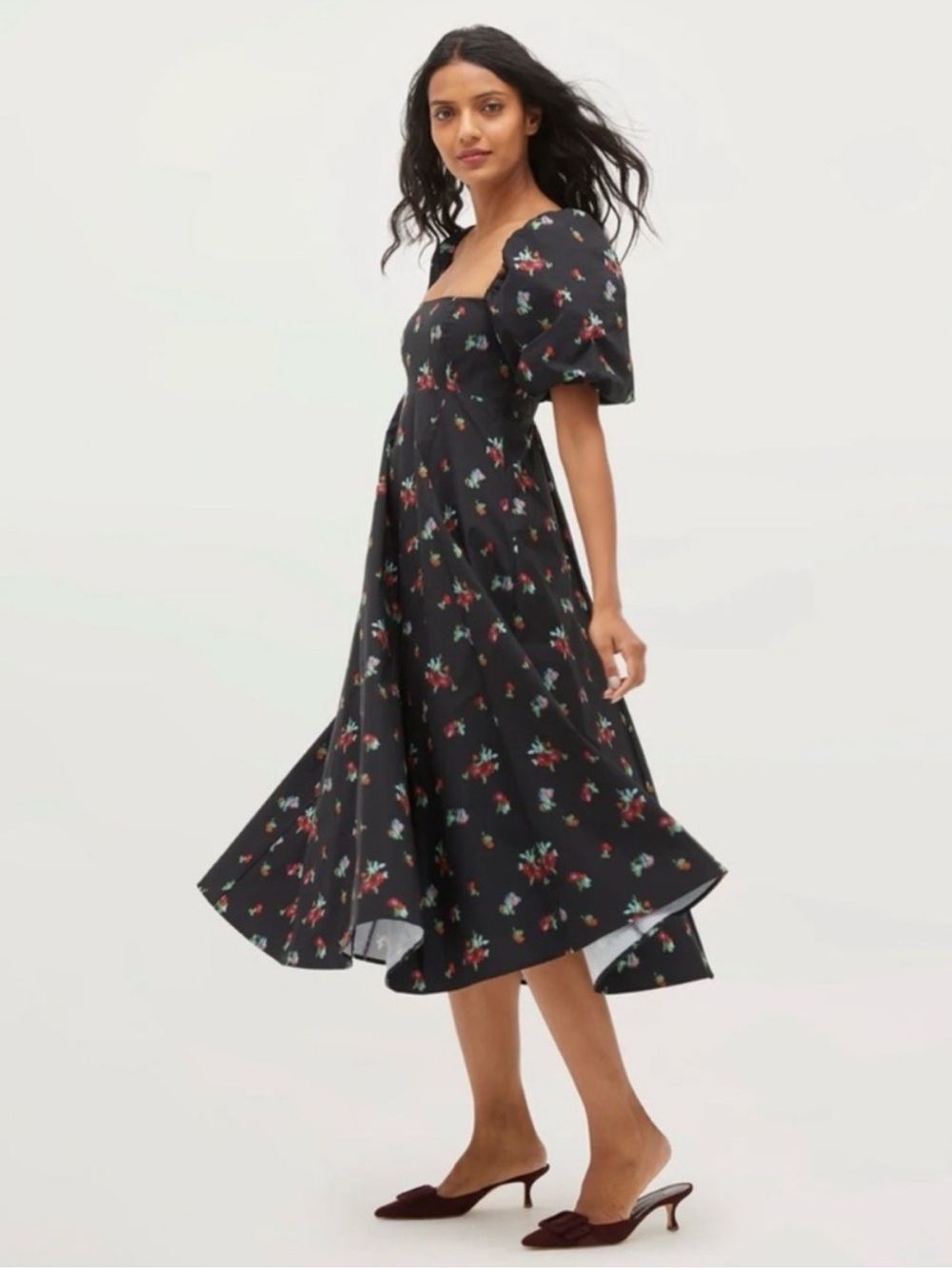 Hill House The Matilda Dress Black Floral Ikat Midi Puff Sleeves Size L